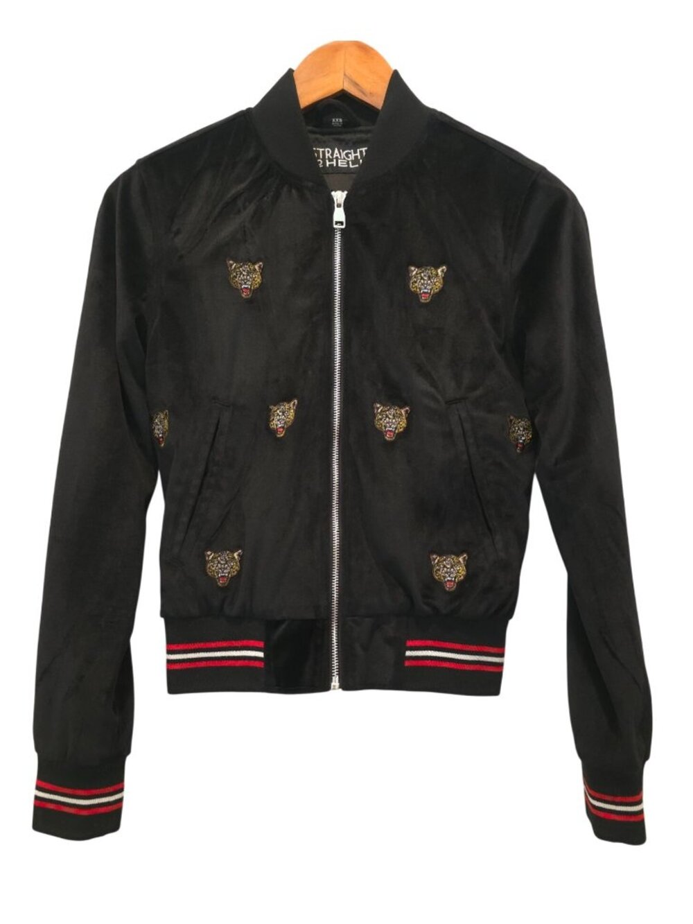 Straight To Hell GABRIELLE Embroidered Cheetah Black Velvet Bomber Jacket XXS